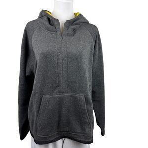 Women’s Gray Fleece Hoodie L Yellow Lined Hood 1/4 Zip Kangaroo Pocket